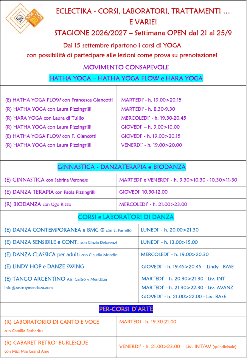 Settimana Open adulti dal 21 al 25 settembre!